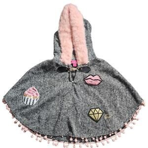 Betsey Johnson Tweed Poncho Faux Fur Hooded Sequined Cap Size 3T